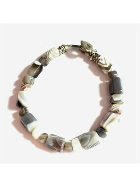 Vintage Gray Botswana Agate Beaded Bracelet, 8" Heart Charm Healing Stone sbr-36